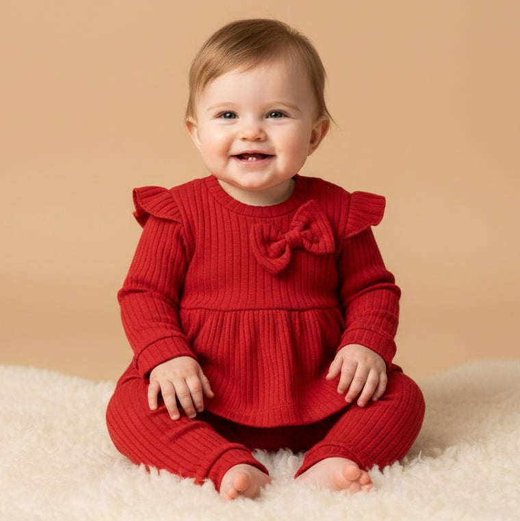 Red Knitted Baby Outfit – Peplum Top & Ribbed Pants Set with Ruffles and Bow Detail