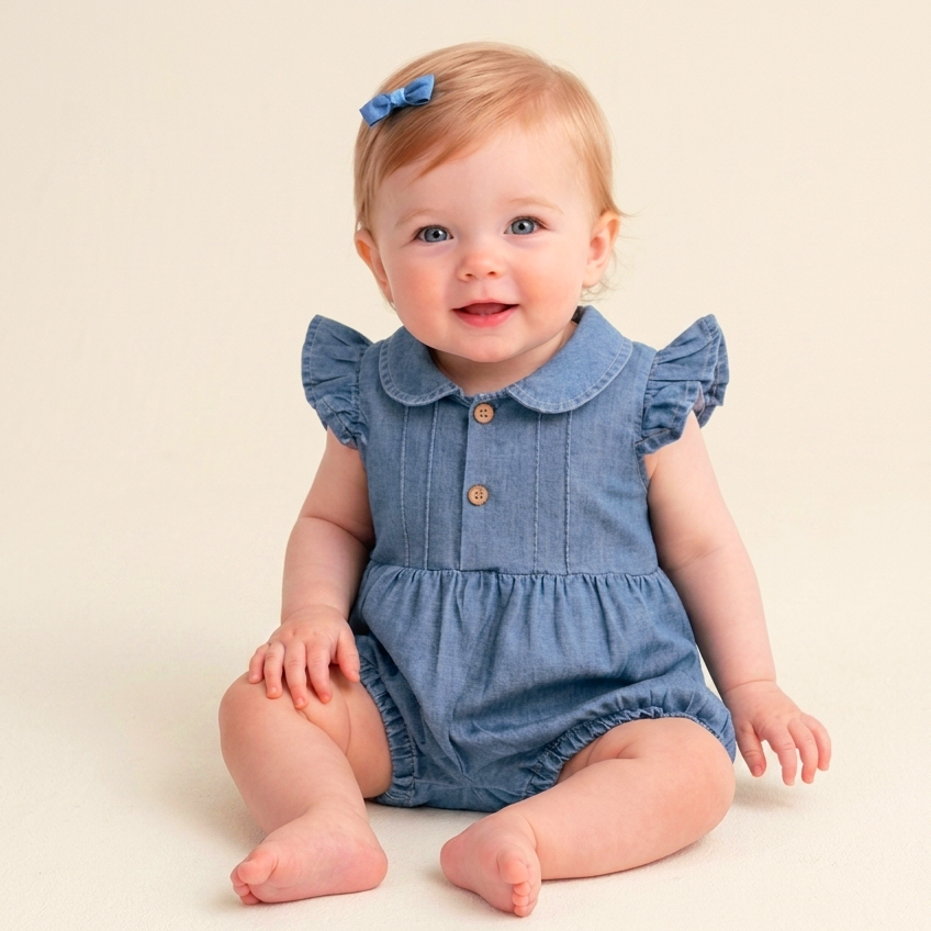 “Bluebell Charm” Baby Denim Romper – Ruffle Sleeve & Button Detail