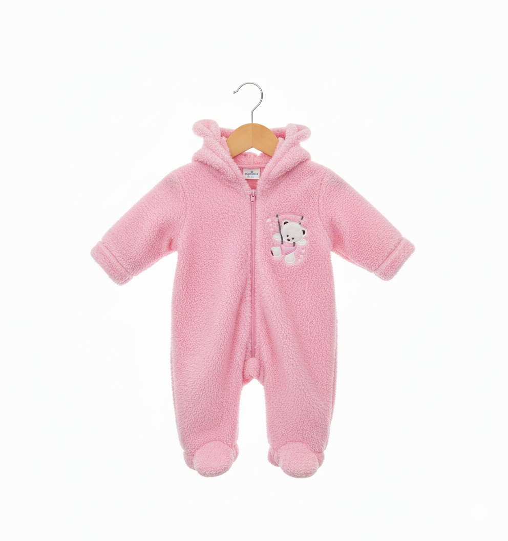 Pink Fleece Baby Onesie – Hooded Bear Design with Enclosed Feet & Front Zipper for Winter Comfort