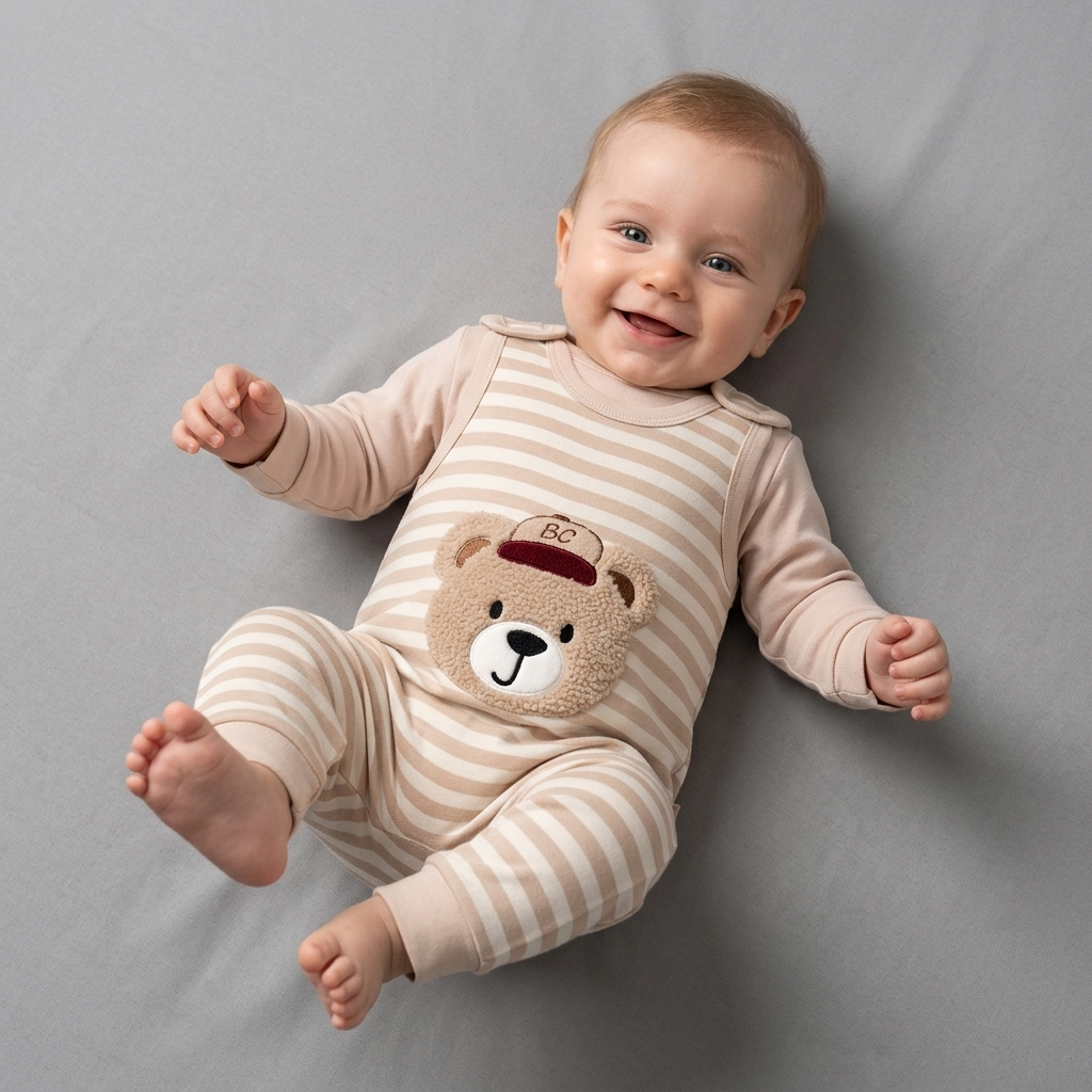 Striped Bear Baby Romper – Beige & Cream Infant Outfit