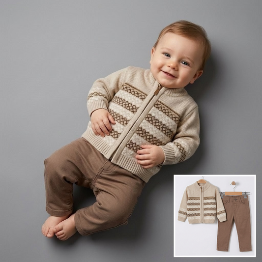 The Ezra 2-Piece Zip Cardigan & Pants Set – Cream & Brown