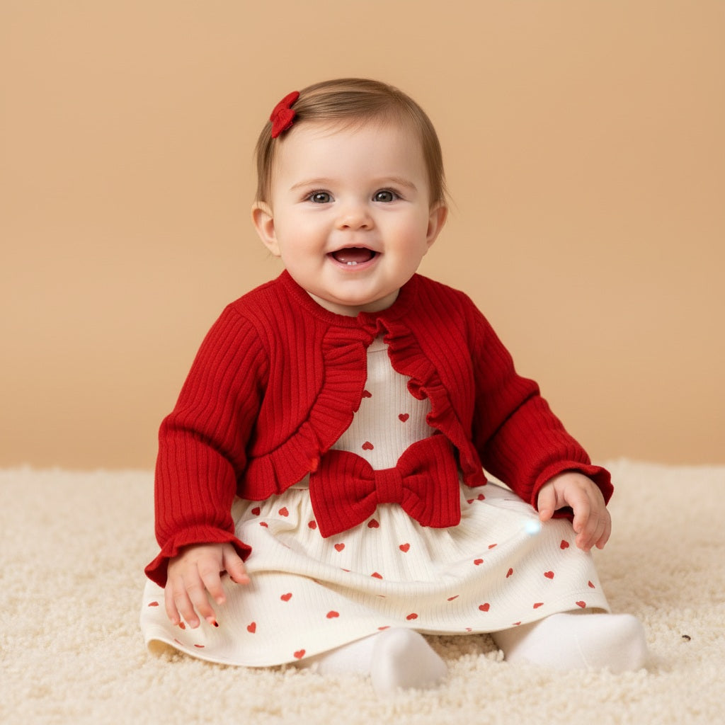 Red & White Baby Girl Dress Set – Heart Print Dress with Bow and Ruffled Cardigan