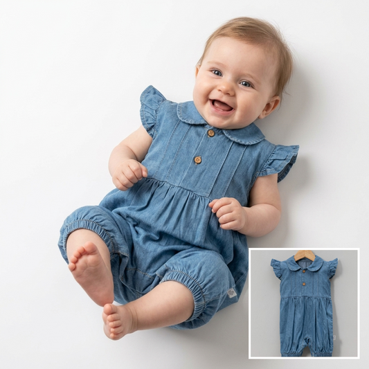 “Bluebell Charm” Baby Denim Romper – Ruffle Sleeve & Button Detail