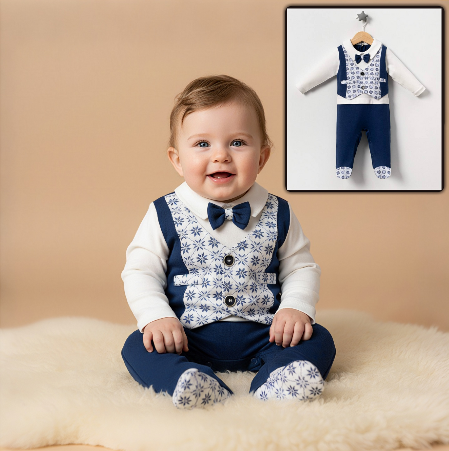 Baby Boy Formal Set – Blue Patterned Vest, Shirt & Pants Ensemble (Navy)