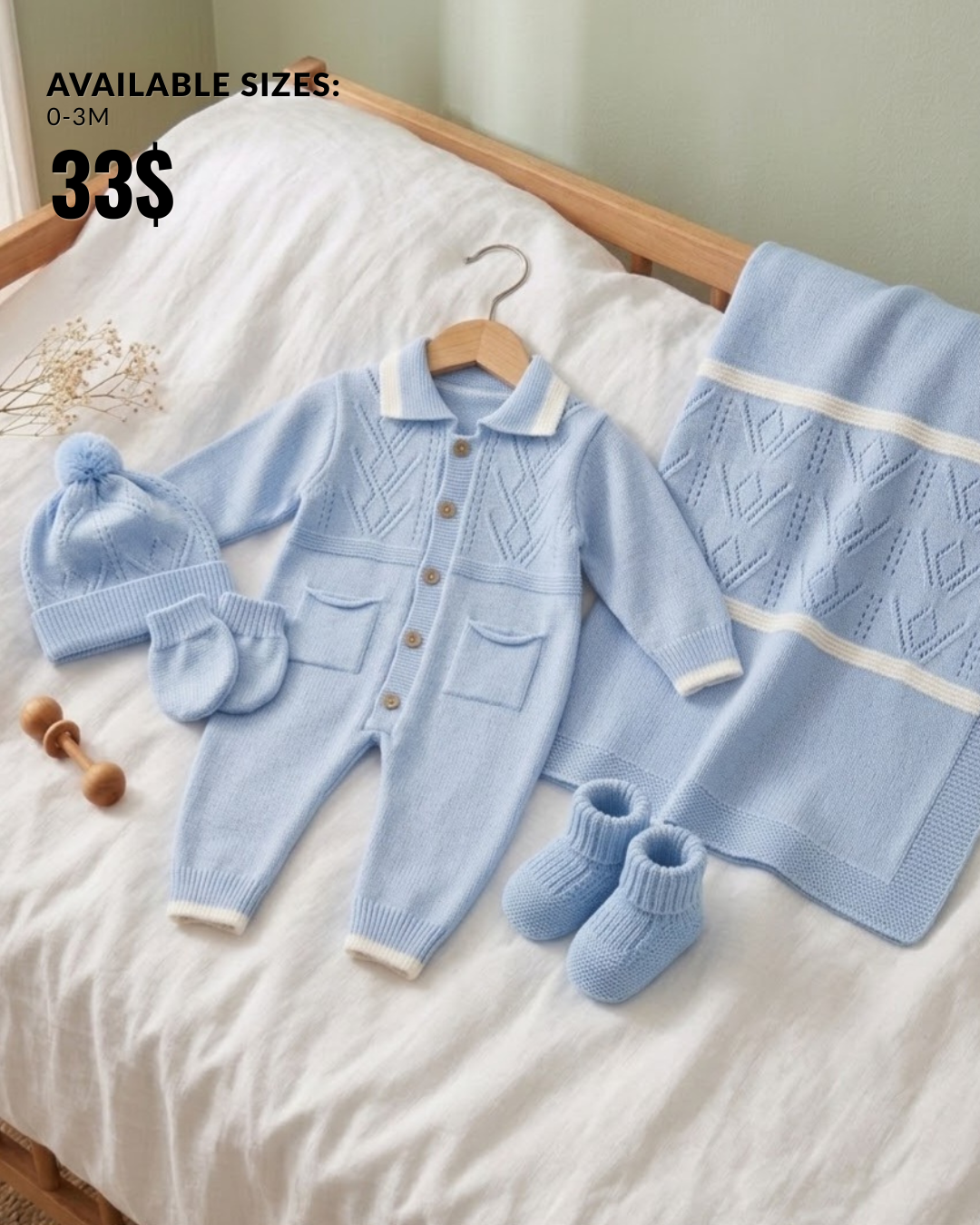The Elijah 5-Piece Cable-Knit Romper & Blanket Gift Set – Light Blue