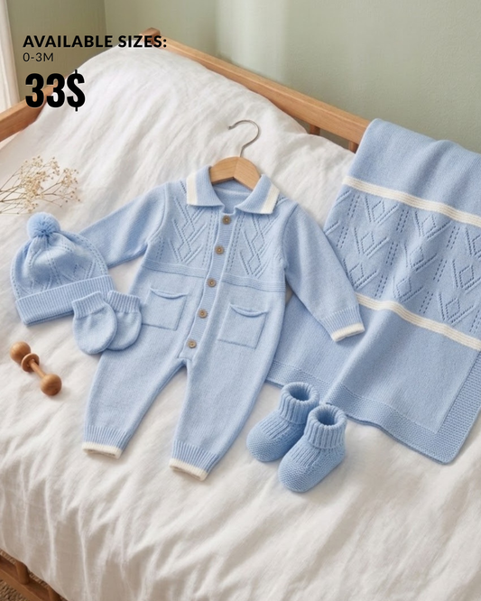 The Elijah 5-Piece Cable-Knit Romper & Blanket Gift Set – Light Blue
