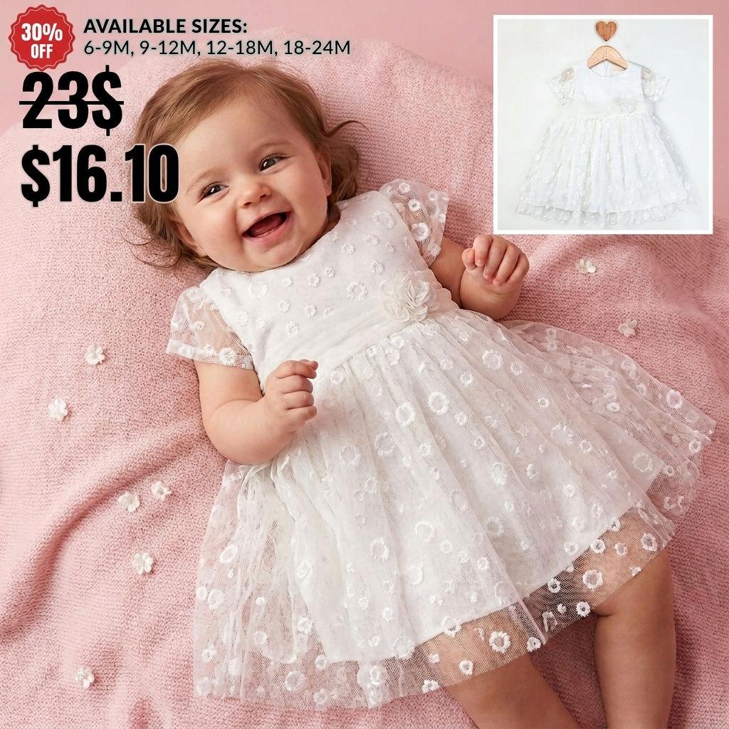 “Petal Grace” Baby Dress – Embroidered Lace & Floral Detail