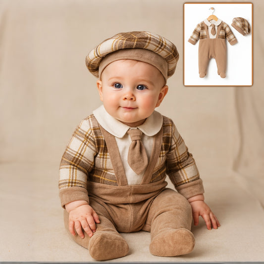Baby Boy Overall – Beige Overall & Beret Ensemble