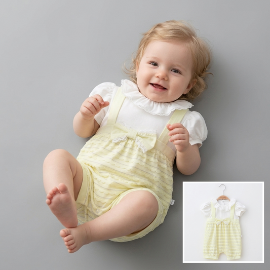 “Golden Bloom” Baby Romper Set – Lace Collar & Bow Detail