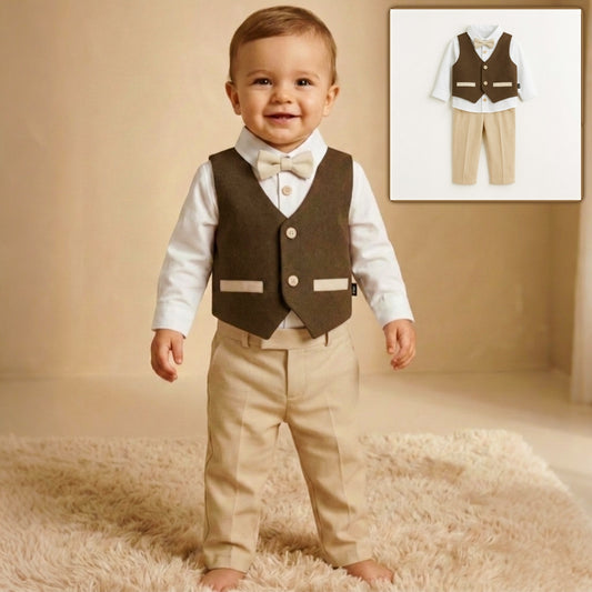 Brown & Beige Toddler Formal Outfit – 4-Piece Set