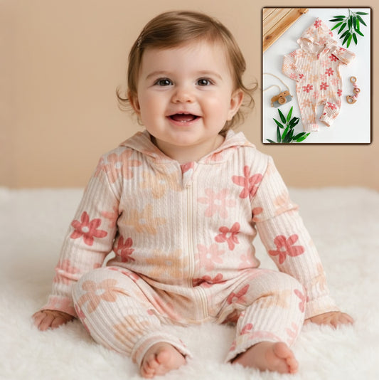 Light Pink Floral Hooded Baby Romper – Ribbed Zip-Up Outfit