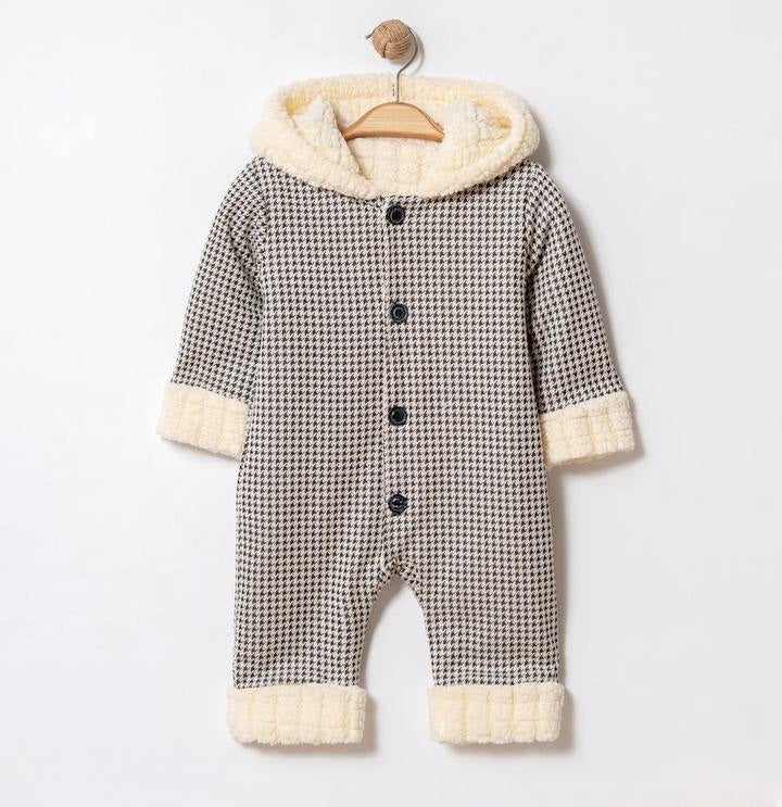 Houndstooth Baby Onesie – Hooded Winter Bodysuit with Faux Fur Trim & Button Closure