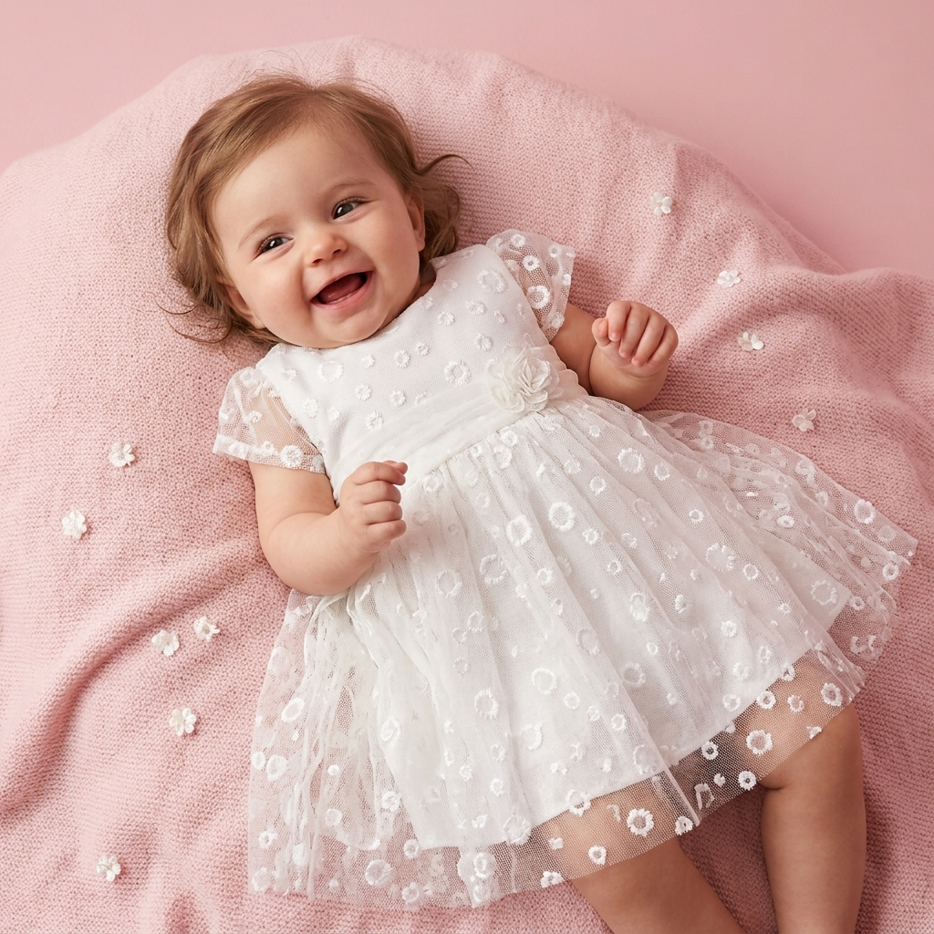 Petal Grace” Baby Dress – Embroidered Lace & Floral Detail – Liora Bebe