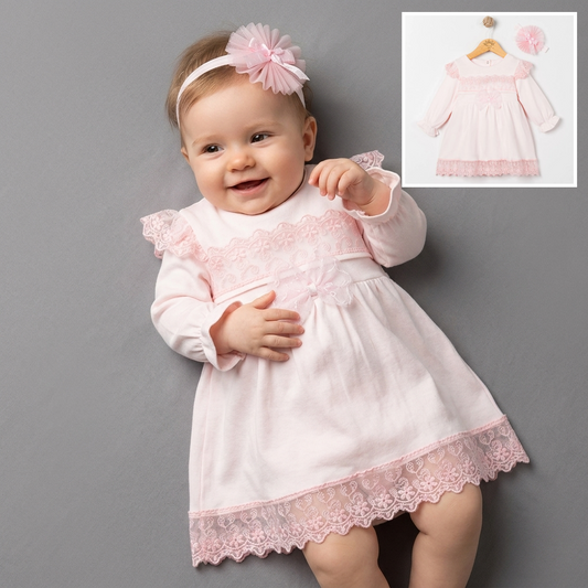 Pink Lace Baby Dress with Headband