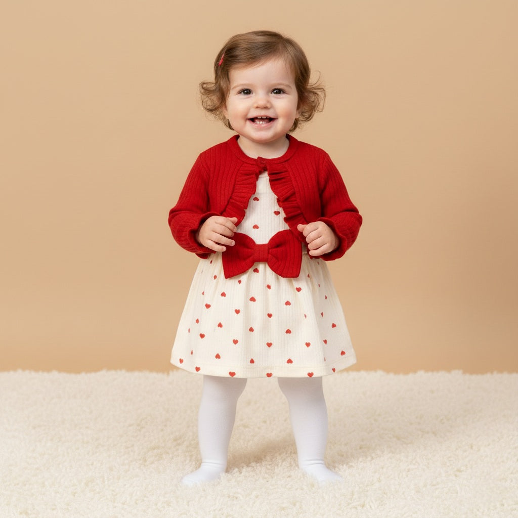 Red & White Baby Girl Dress Set – Heart Print Dress with Bow and Ruffled Cardigan