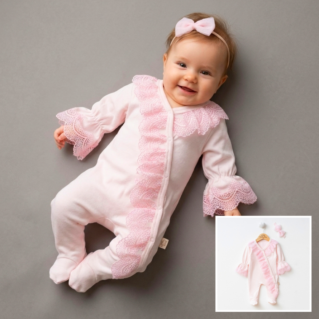 Pink Lace Baby Romper with Headband