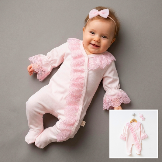 Pink Lace Baby Romper with Headband