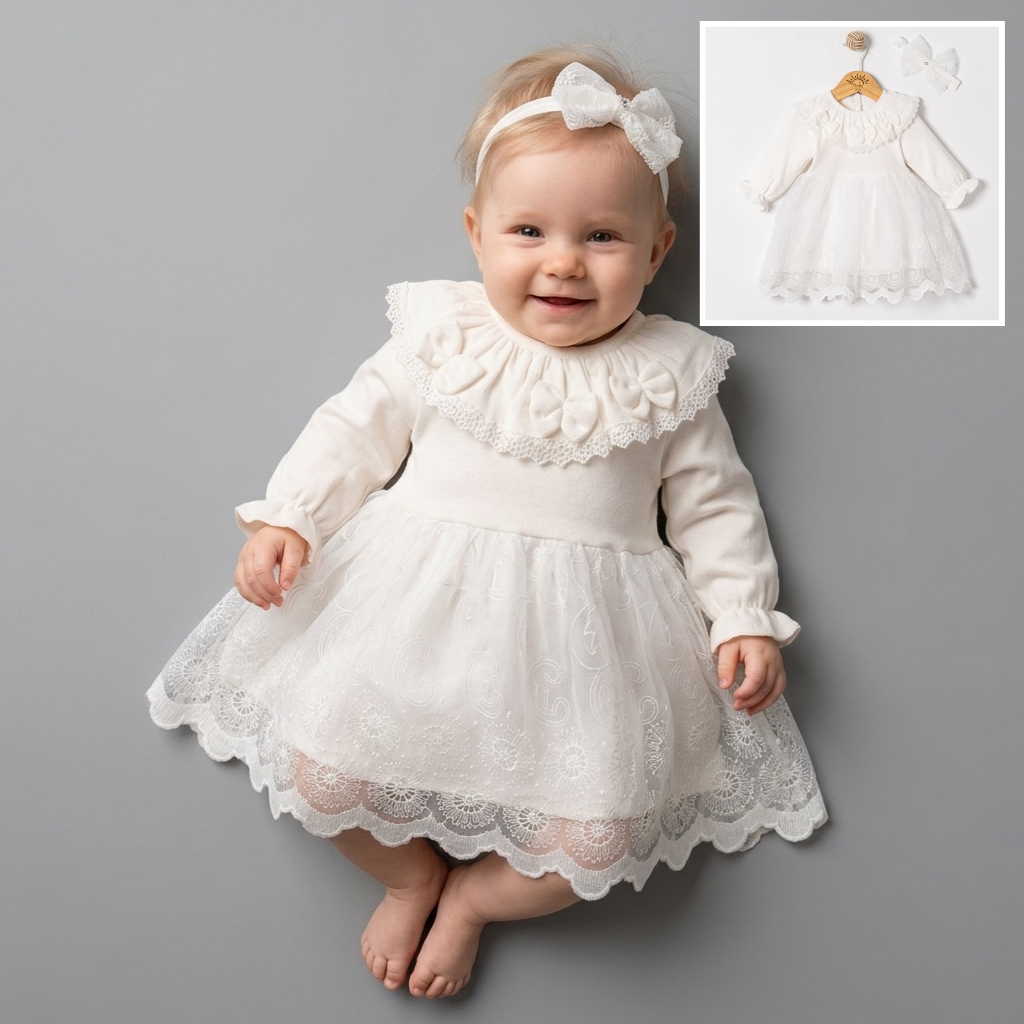 White Lace Baby Girl Dress with Headband
