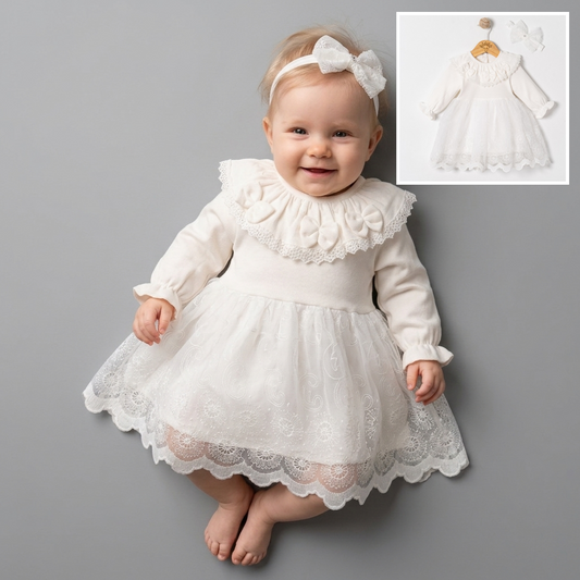 White Lace Baby Girl Dress with Headband