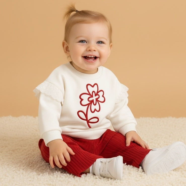 Red & White Baby Girl Outfit – Floral Sweatshirt with Lace Detail & Ribbed Pants Set