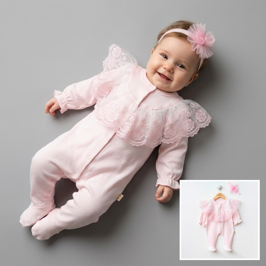 The Clara Lace Collar Footed Sleeper Set – Soft Pink