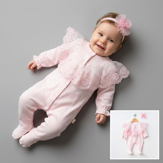 The Clara Lace Collar Footed Sleeper Set – Soft Pink