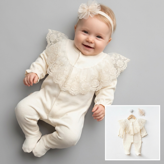The Genevieve Lace Collar Footed Sleeper Set – Vintage Cream