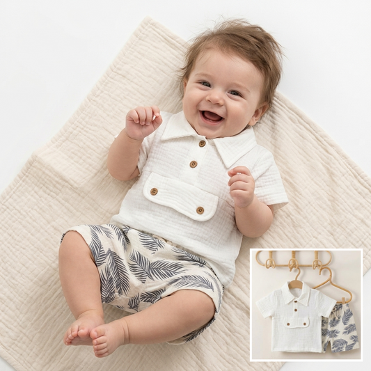 “Seaside Breeze” Baby Summer Set – Collared Shirt & Leaf Shorts