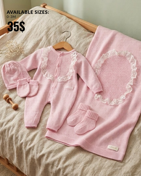 The Anastasia 5-Piece Lace-Trimmed Knit Cardigan & Blanket Gift Set – Soft Pink