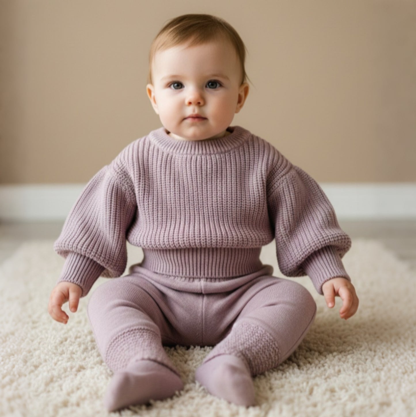 Soft Pink Knit Baby Outfit – Textured Sweater & Pants Set with Shoulder Button Detail