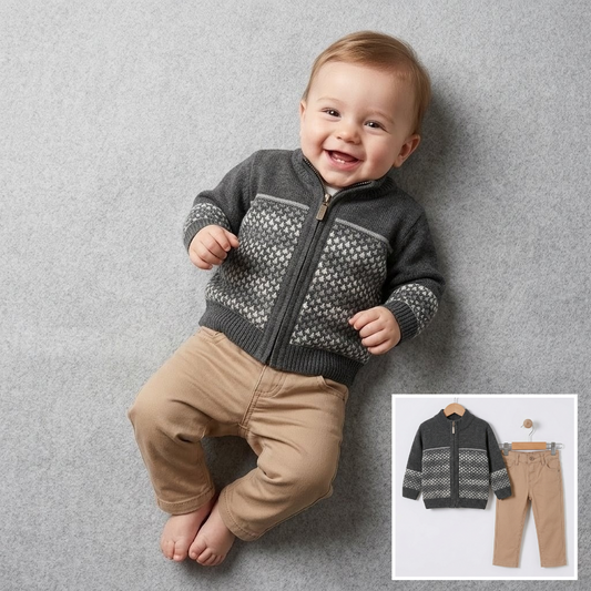 The Miles 2-Piece Zip Cardigan & Pants Set – Dark Gray & Tan