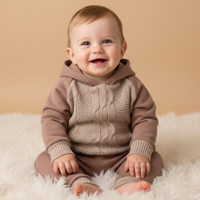 Cable Knit Outfit – Hooded Sweater & Ribbed Pants Set in Brown & Beige for Fall Comfort