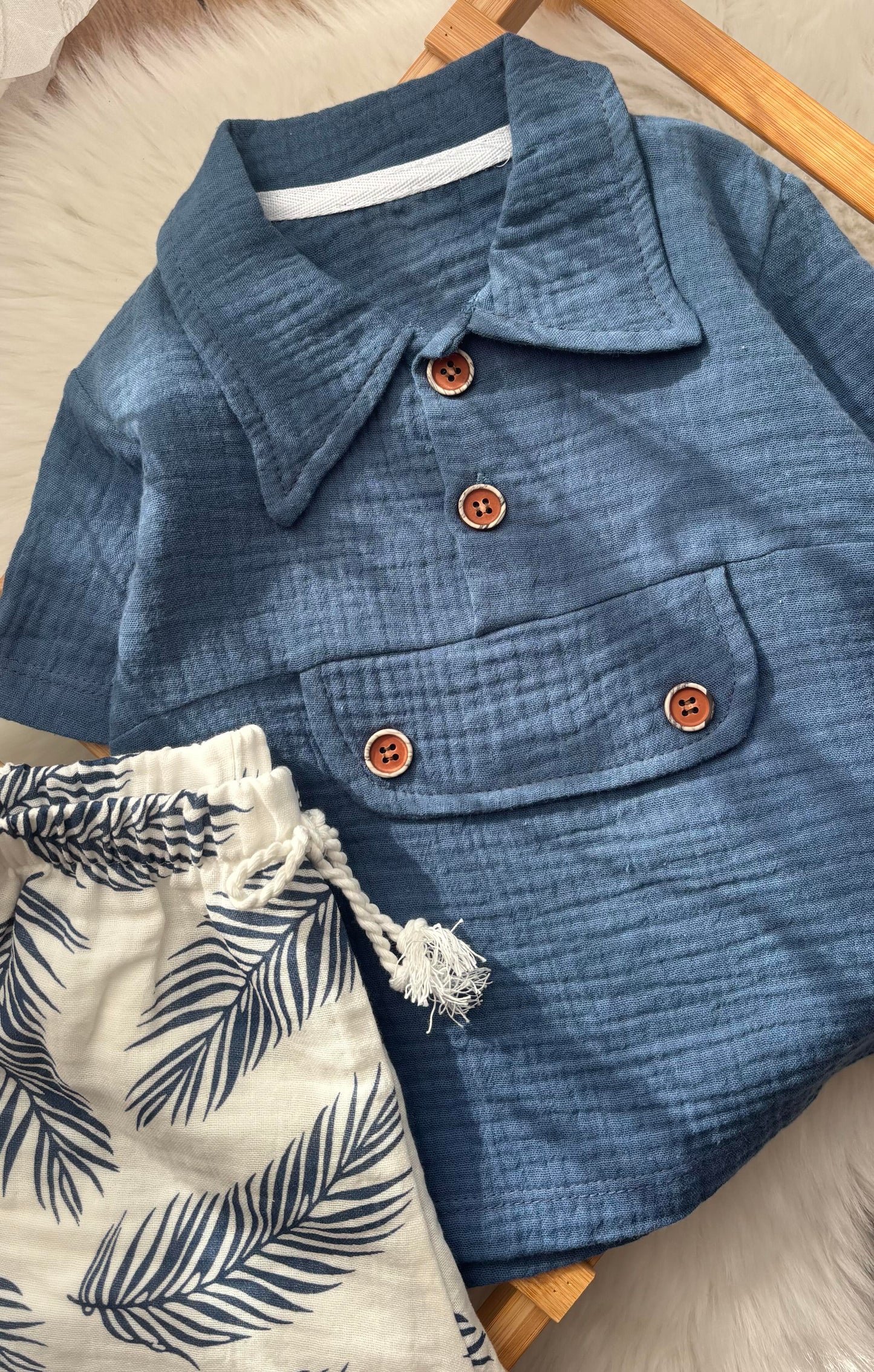 “Seaside Breeze” Baby Summer Set – Textured Shirt & Leaf Shorts