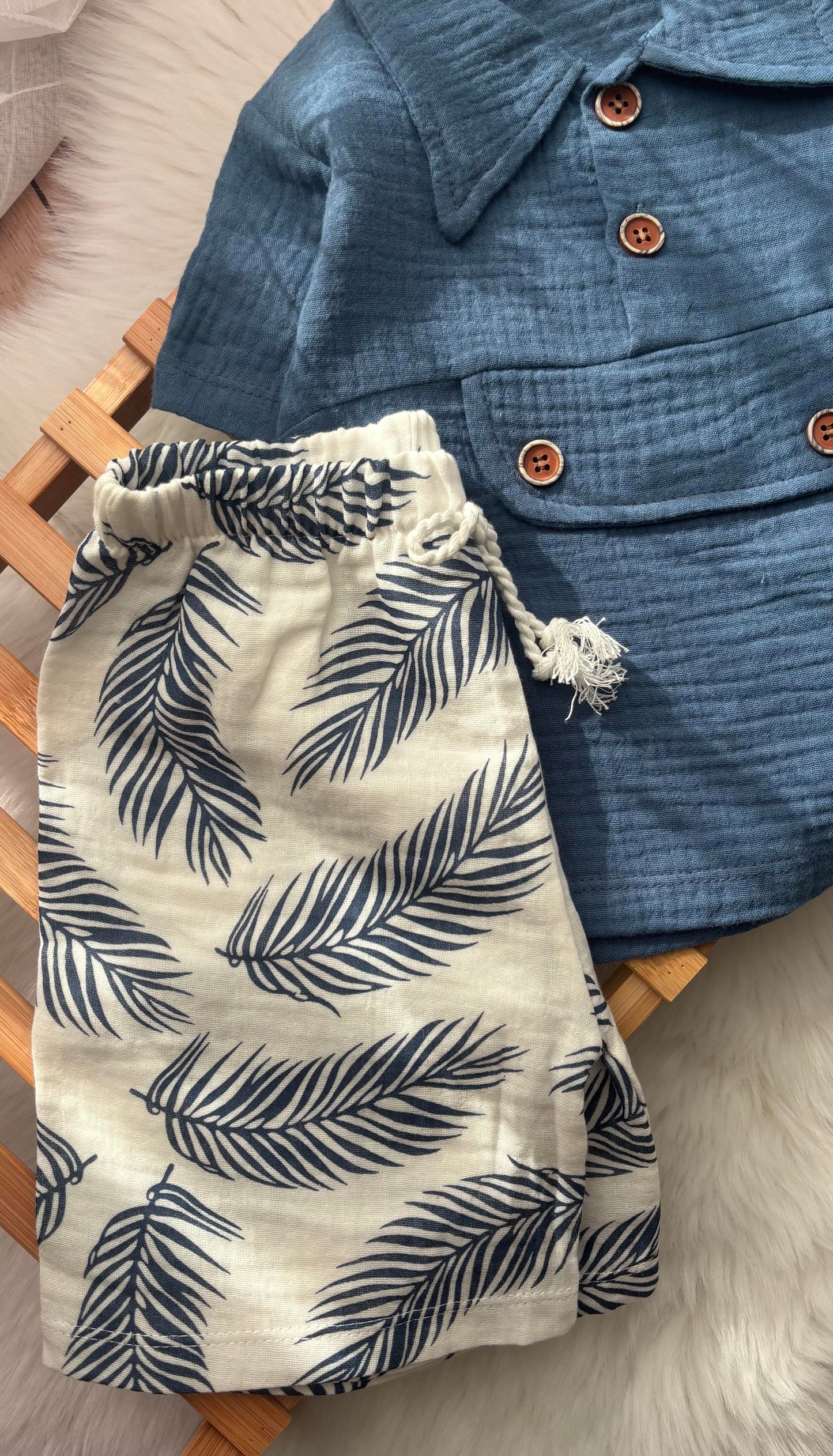 “Seaside Breeze” Baby Summer Set – Textured Shirt & Leaf Shorts